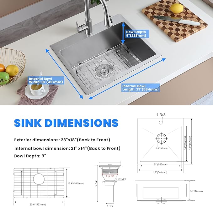 POPFLY 23 Inch Drop in Kitchen Sink, 23×18 Inch Top mount Small Bar Prep Sink, 304 Stainless Steel 9 Inch Deep Single Bowl Overmount Sink, Brushed