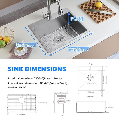 POPFLY 23 Inch Drop in Kitchen Sink, 23×18 Inch Top mount Small Bar Prep Sink, 304 Stainless Steel 9 Inch Deep Single Bowl Overmount Sink, Brushed
