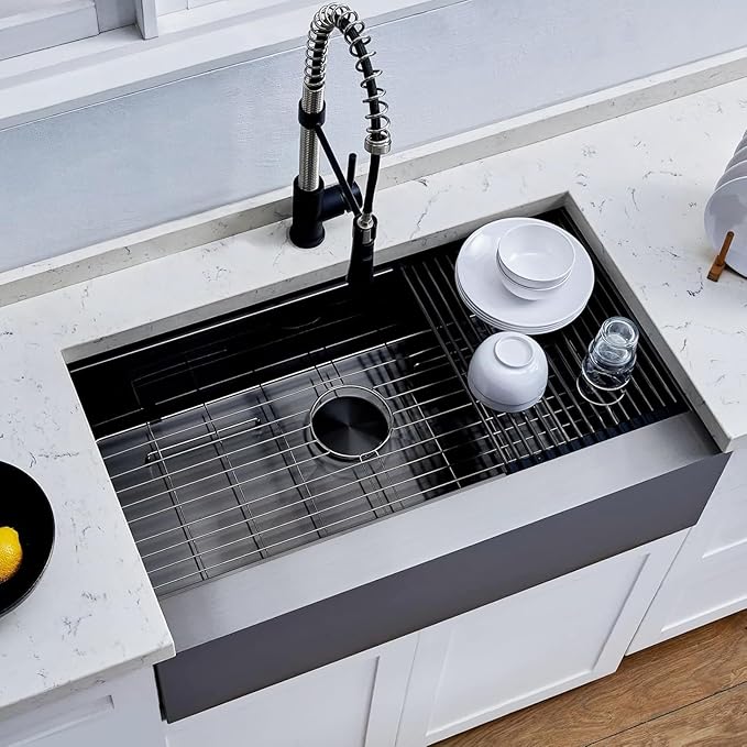SHACO 33 Inch Black Farmhouse Sink, 33x20 Gunmetal Black 16 Gauge Stainless Steel Single Bowl Workstation Flat Apron Front Farm Kitchen Sink with Cutting Board