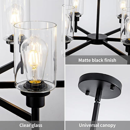 6 Light Farmhouse Chandelier Black Dining Room Light Fixture Over Table Industrial Hanging Pendant Lighting for Living Room Foyer Kitchen Island Adjustable Height E26 Socket with Glass Shade