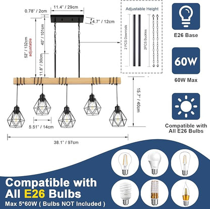 38" Farmhouse Kitchen Light Fixture, Black Hanging Kitchen Chandelier, 5-Light Rustic Dining Room Light Adjustable Height with Wood and Metal Frame, Suit for Farmhouse, Industrial Style