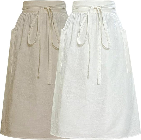 Cityelf Cotton Linen Half Apron for Women Vintage Waist Apron Ruffle Plain Bright Color for Cooking Painting Artwork
