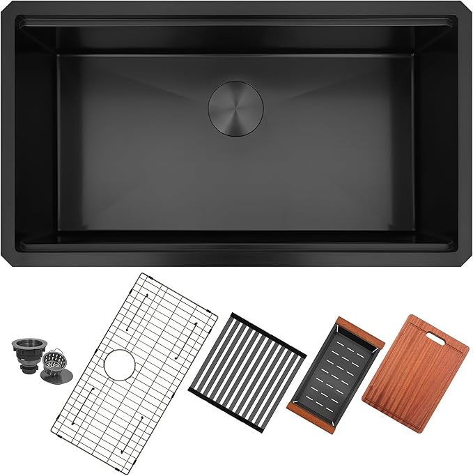 LQS Undermount Kitchen Sink 32 x 18, Large Black Undermount Kitchen Sink, Deep Single Bowl Sinks, Top-Grade 16 Gauage Stainless Steel Nano PVD Material with Round Corner and X-Shape Drain Line