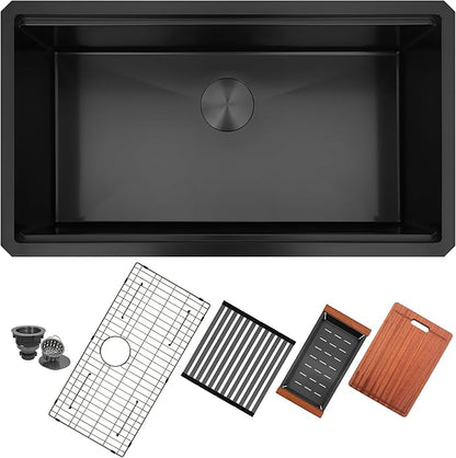 LQS Undermount Kitchen Sink 32 x 18, Large Black Undermount Kitchen Sink, Deep Single Bowl Sinks, Top-Grade 16 Gauage Stainless Steel Nano PVD Material with Round Corner and X-Shape Drain Line