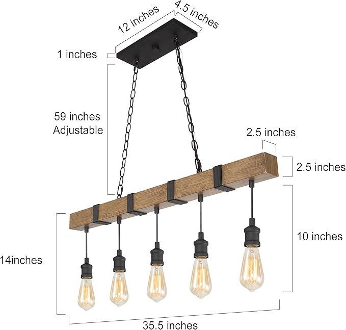 LOG BARN Kitchen Light Fixtures, Farmhouse Chandelier for Kitchen Island in Rustic Faux Wood with Black Wires, 5-Light Pendant Lighting for Dining Room