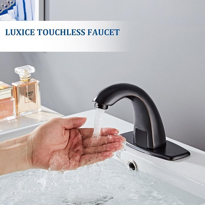 Oil Rubbed Bronze Touchless Bathroom Sink Faucet - Automatic Motion Sensor Battery Opertated with Temperature Mixing Valve for Commercial Lavatory