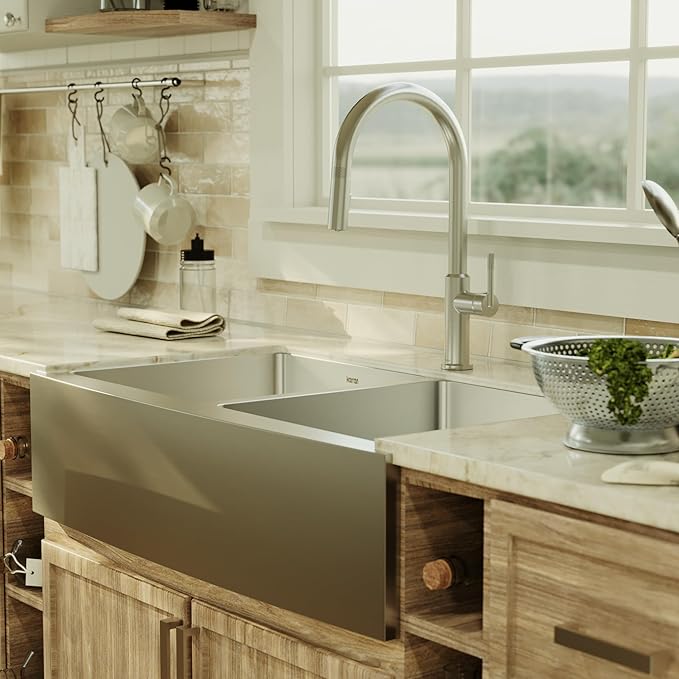 Karran Elite EL-88 Apron-Front Stainless Steel 36 in. 16-Gauge Double Bowl Farmhouse Kitchen Sink Kit