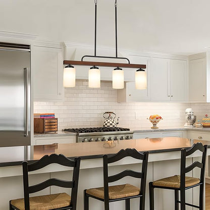 Farmhouse Dining Room Light Fixture Over Table, Black 4-Light Wood Kitchen Island Lighting with Milk White Glass, Industrial Linear Chandelier Pendant Lights