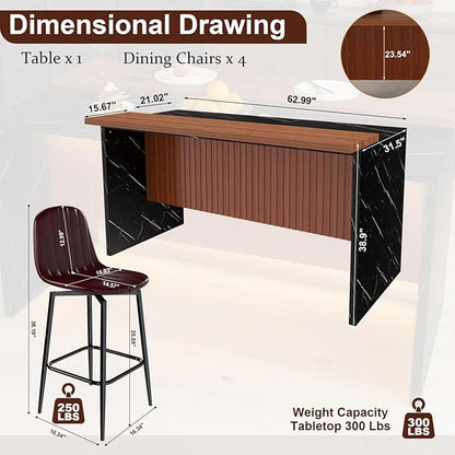 63-Inch Modern Kitchen Island Set with 4 Dark Brown Stools Black Marble Look Led Lighting & Grill Design for Dining Room, Open Concept Spaces Modern Elegance