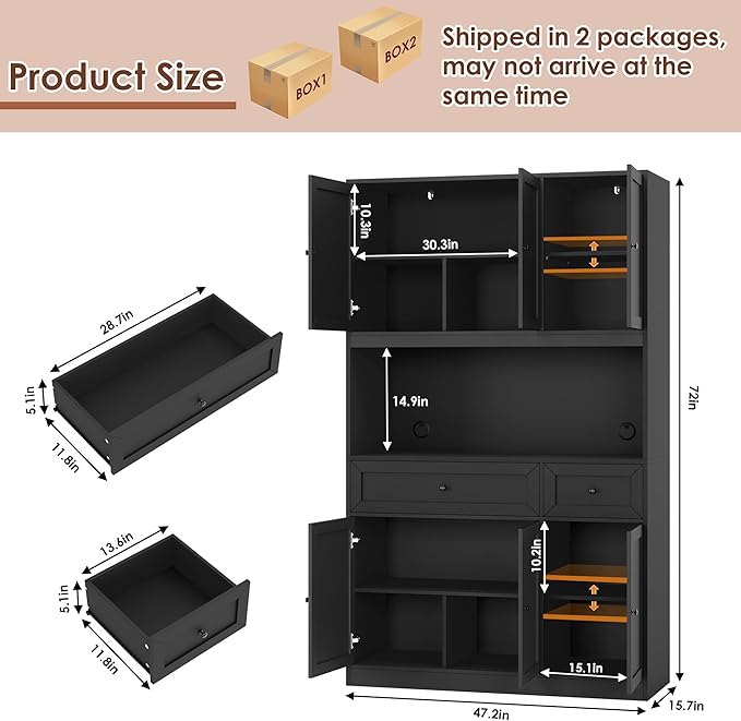 BOTLOG 72" Kitchen Pantry Cabinet, Kitchen Hutch with Microwave Stand, Buffet Cabinet with Hutch for Dining Room, Black