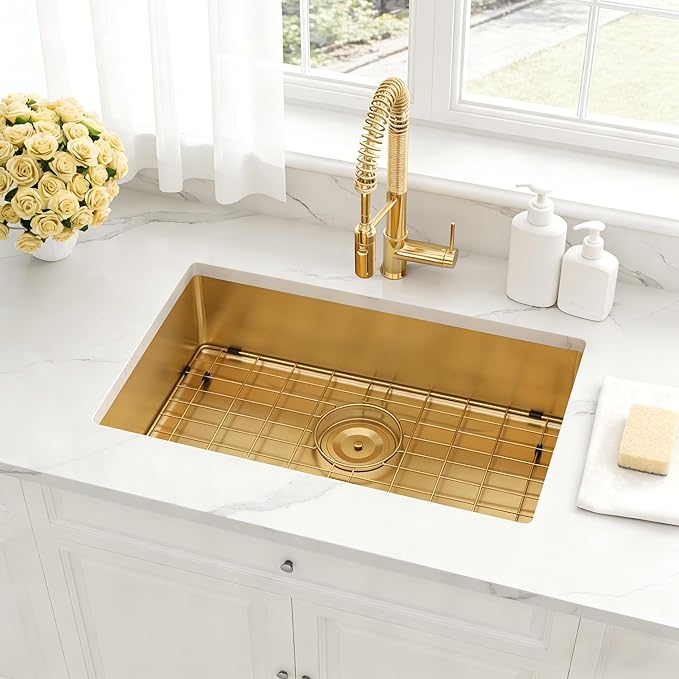 Kitsitchen Gold Ktichen Sink,Gold Undermount RV Kitchen Sink with Strainer & Bottom Gird, 27" x 16" x 7" Stainless Steel Single Bowl Kitchen Sinks Used at RV, Outdoor,Bathroom