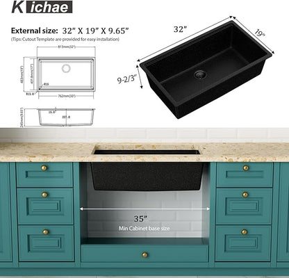 Kichae 32 Granite Composite Kitchen Sink - 32"x19" Granite Kitchen Sink Ledge Workstation Undermount Black Quartz 10" Deep Under Counter Single Bowl Sink Basin