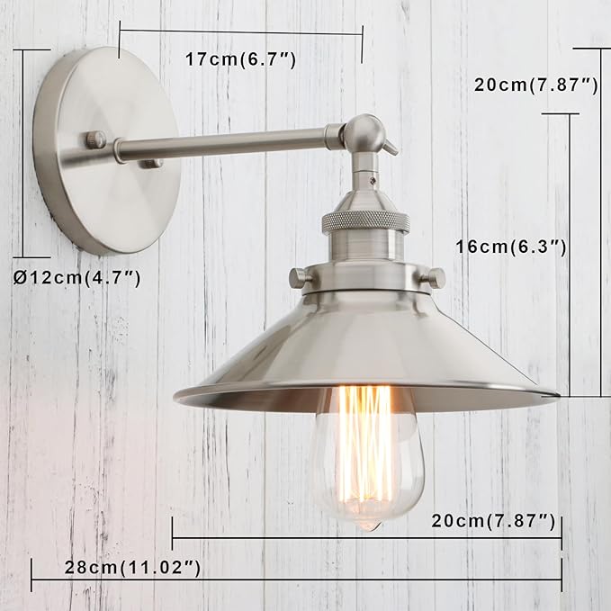PERMO Vintage Industrial Metal Wall Sconce Lighting Brushed Nickel Sconces 180 Degree Adjustable Wall Lamp