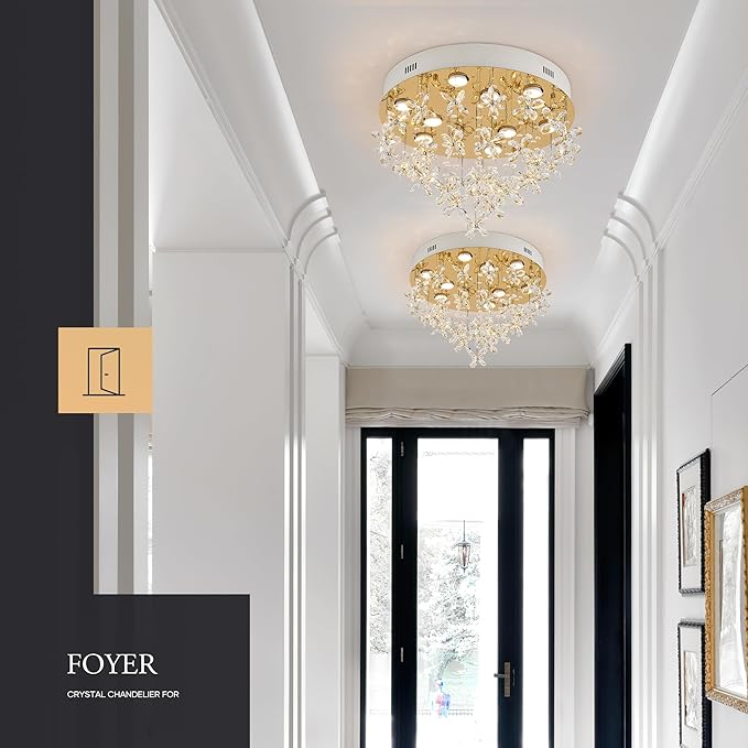 9-Lights Modern Chandelier K9 Crystal Lighting Fixture,20 Inch Round Stainless Steel Flush Mount Ceiling Lights for Bedroom Foyer Hallway Dining Room,GU10 Bulbs Include
