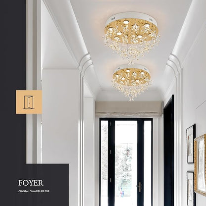 9-Lights Modern Chandelier K9 Crystal Lighting Fixture,20 Inch Round Stainless Steel Flush Mount Ceiling Lights for Bedroom Foyer Hallway Dining Room,GU10 Bulbs Include