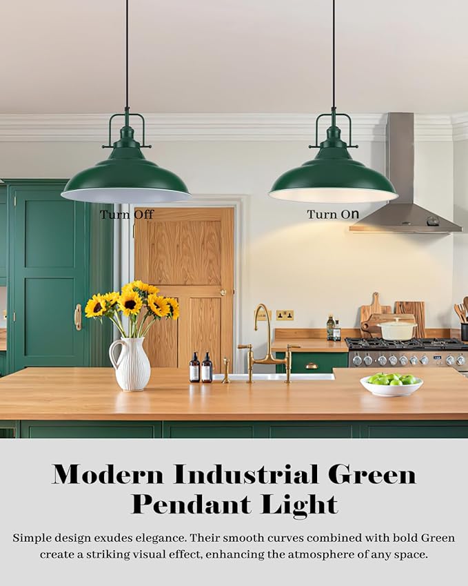 Green Pendant Light 2 Pack, 16 Inch Large Industrial Pendant Lights, Green Pendant Lights Kitchen Island, Large Farmhouse Pendant Light for Kitchen Island, Dining Room, Hallway
