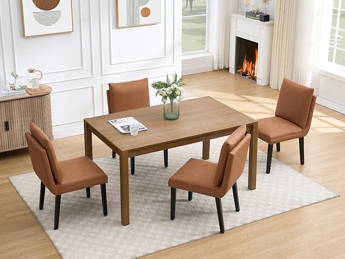 Farmhouse Parsons Dining Chairs Set of 2 - Comfy Upholstered Dining Set with Leather Cushion & Solid Wood Legs, Armless Kitchen Chairs for Dining Room/Restaurant/Kitchen Island, PU Brown
