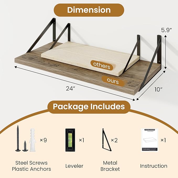 Acovy Deep Floating Shelves,24" Wx10 D Floating Shelf for Wall Set of 2,Hanging Storage Shelf with Metal Brackets,Wide Display Wall Shelves for Living Room,Bedroom,Bathroom,Kitchen,Grey