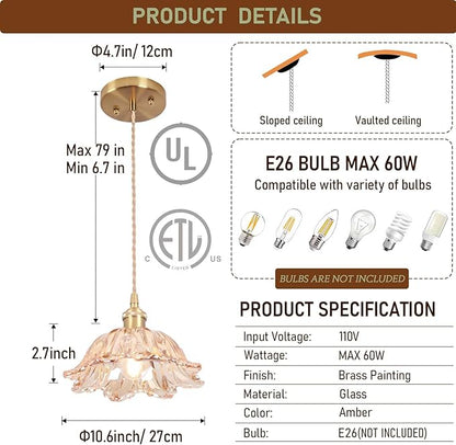 Glass Pendant Light Vintage Light Fixtures,Amber Pendant Lights Kitchen Island,10.6" Glass Pendant Lights Kitchen Island, Modern Pendant Lighting Fixtures for Bedroom Hotel Dining Room