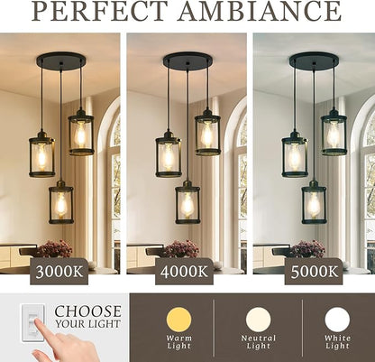 3-Light Pendant Lighting, Black Dining Room Chandelier Light Fixture Over Table with Clear Glass, Modern Cluster Hanging Lights for Kitchen Island Sink, OS-3014-3BK