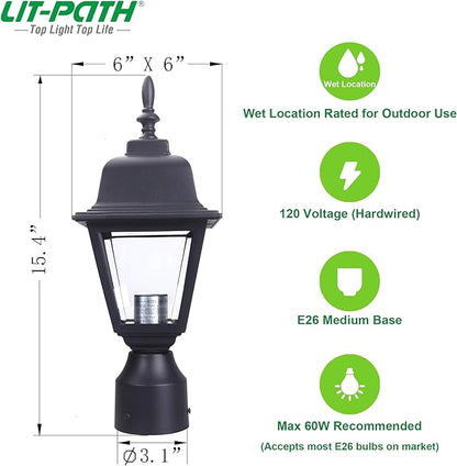 LIT-PaTH Outdoor Post Lighting Fixture Pole Lantern, E26 Medium Base Max 60W, Aluminum Housing Plus Clear Glass, Bulb Not Included, Matte Black Finish, 2-Pack