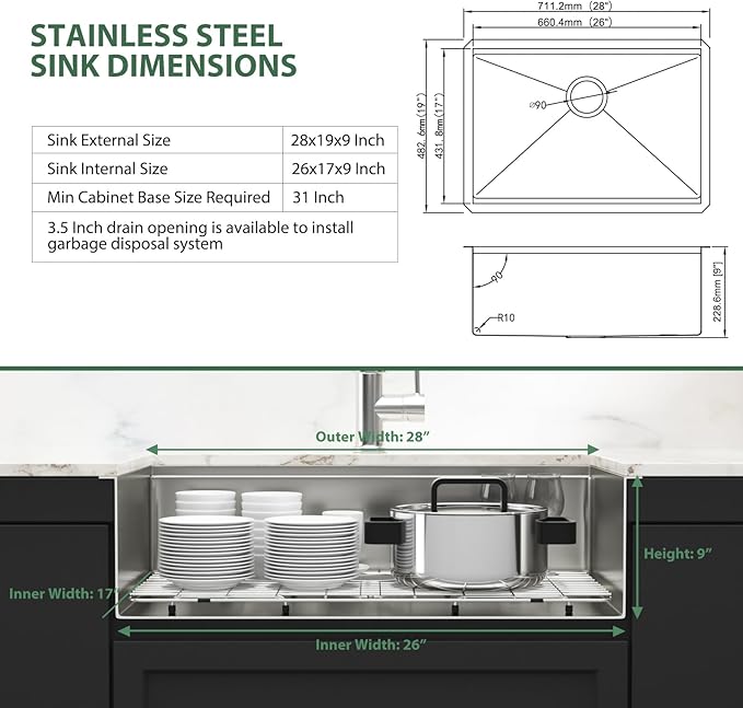 28 Inch Undermount Kitchen Sink Workstation - Couoko 28x19 Inch Undermount Single Bowl Workstation Sink 16 Gauge Stainless Steel Deep Handmade Under Counter Kitchen Sink with Accessories