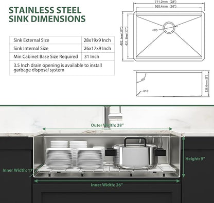 28 Inch Undermount Kitchen Sink Workstation - Couoko 28x19 Inch Undermount Single Bowl Workstation Sink 16 Gauge Stainless Steel Deep Handmade Under Counter Kitchen Sink with Accessories