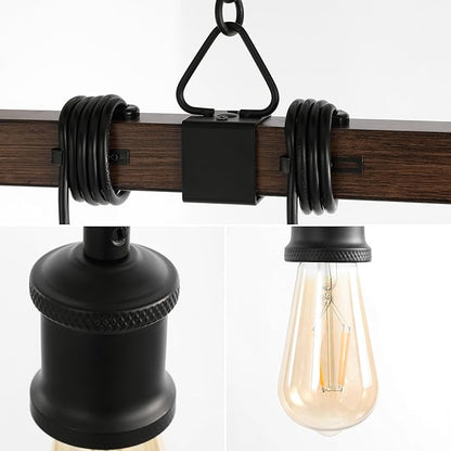 JONATHAN Y 40" Brown Wood Finish and Black 8-Light Iron Linear Chandelier, Vintage Industrial Driftwood Island Light for Dining Room Kitchen Table, LED Bulbs Included JYL1330A
