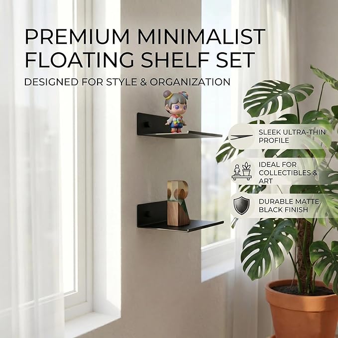 Z metnal 2 Pack 6 Inch Metal Floating Shelves with Safety Lip, Small Wall Mounted Shelf Holds Up to 5 Lbs, Matte Black Lightweight Display Ledge with Hidden Screw Caps for Bathroom, Bedroom
