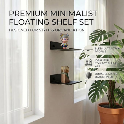 Z metnal 2 Pack 6 Inch Metal Floating Shelves with Safety Lip, Small Wall Mounted Shelf Holds Up to 5 Lbs, Matte Black Lightweight Display Ledge with Hidden Screw Caps for Bathroom, Bedroom