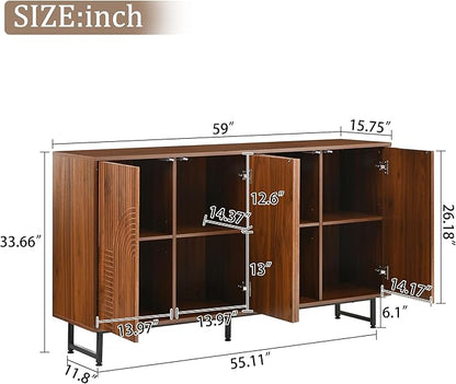 PVWIIK Mid-Century Modern Walnut Sideboard Buffet Cabinet, 59 * 16 * 33 inches Geometric Carved Storage Cabinet with Metal Legs, Multi-Purpose Credenza for Living Room, Dining Room, Entryway