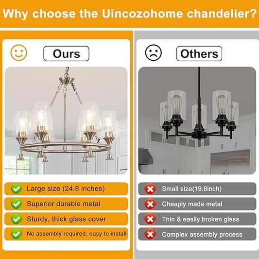 25" Farmhouse Chandelier, 6-Light Brushed Nickel Chandeliers for Dining Room Light Fixtures Over Table, Modern Industrial Hanging Lighting with Clear Glass Shade for Living Room, Kitchen Island, Foyer
