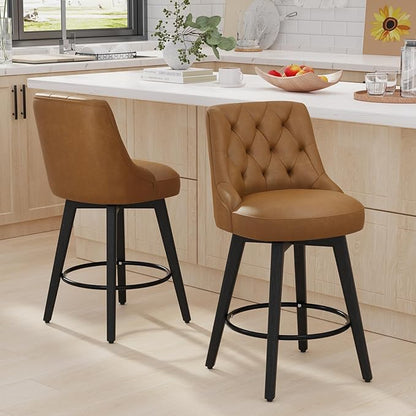 Vipbear Swivel Bar Stools, Updated Thickened Upholstered Faux Leather Counter Height Barstools with Backs, Solid Wood Legs, 26" Modern Bar Height Stools for Kitchen Island, Dining Room, Brown Seat
