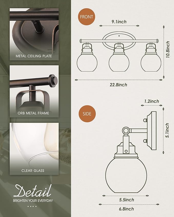 Farmhouse Bathroom Vanity Light, 3-Light Wall Mounted Vanity Lighting Fixture Over Mirror, Metal Frame with Globe Clear Glass, Oil Rubbed Bronze, AD-2148-3W