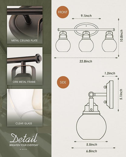 Farmhouse Bathroom Vanity Light, 3-Light Wall Mounted Vanity Lighting Fixture Over Mirror, Metal Frame with Globe Clear Glass, Oil Rubbed Bronze, AD-2148-3W