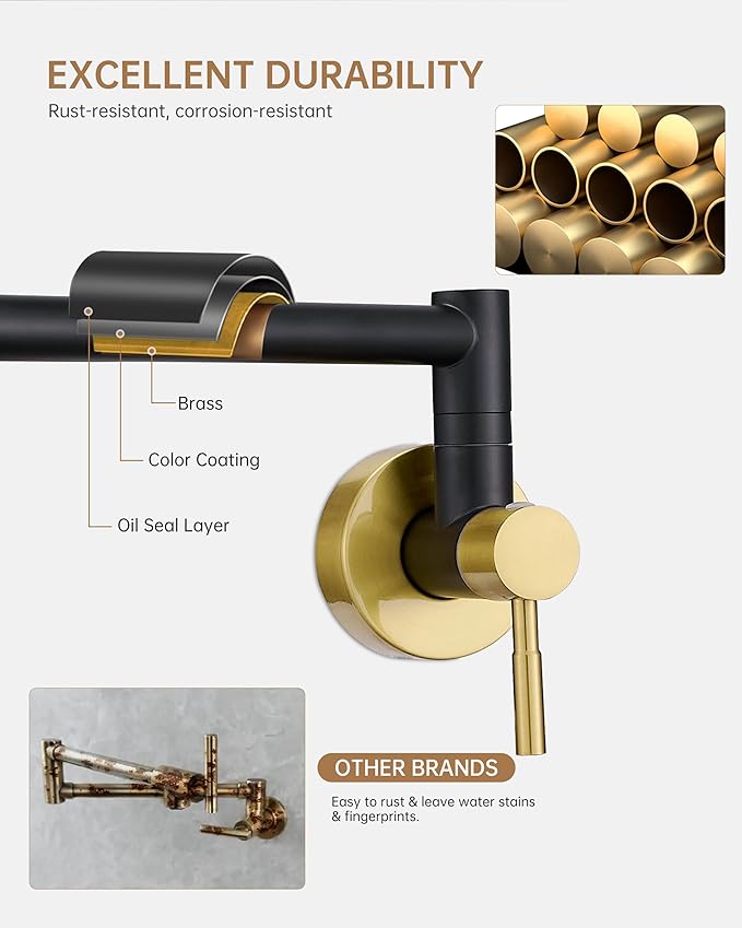 Fransiton Black & Gold Pot Filler, Pot Filler Faucet Wall Mount, Brass Folding Stretchable with Double Joint Swing Arm Single Hole Two Handles Kitchen Restaurant