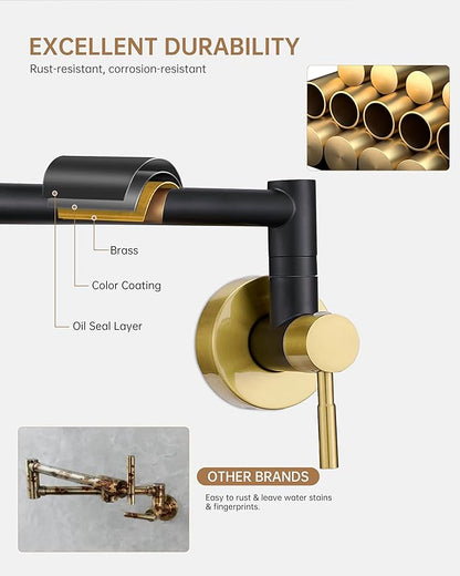Fransiton Black & Gold Pot Filler, Pot Filler Faucet Wall Mount, Brass Folding Stretchable with Double Joint Swing Arm Single Hole Two Handles Kitchen Restaurant