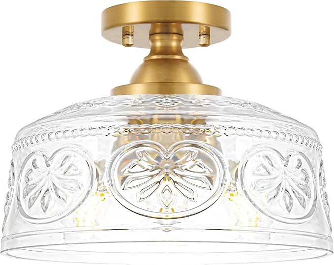 Vintage Gold Semi Flush Mount Ceiling Light Fixture, 3-Light Hallway Light Fixture with Thickened Glass, Close to Ceiling Light for Kitchen, Entryway, Foyer, E12