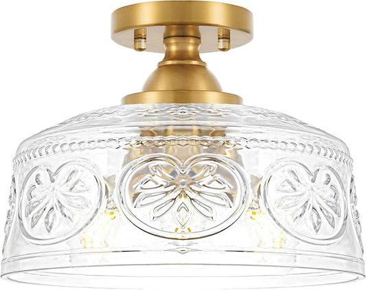 Vintage Gold Semi Flush Mount Ceiling Light Fixture, 3-Light Hallway Light Fixture with Thickened Glass, Close to Ceiling Light for Kitchen, Entryway, Foyer, E12