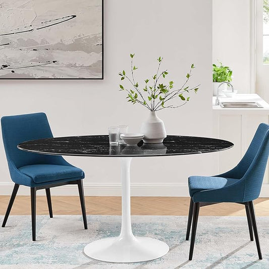 Modway Lippa Oval 60" Artificial Marble Mid-Century Modern Dining Table in White Black