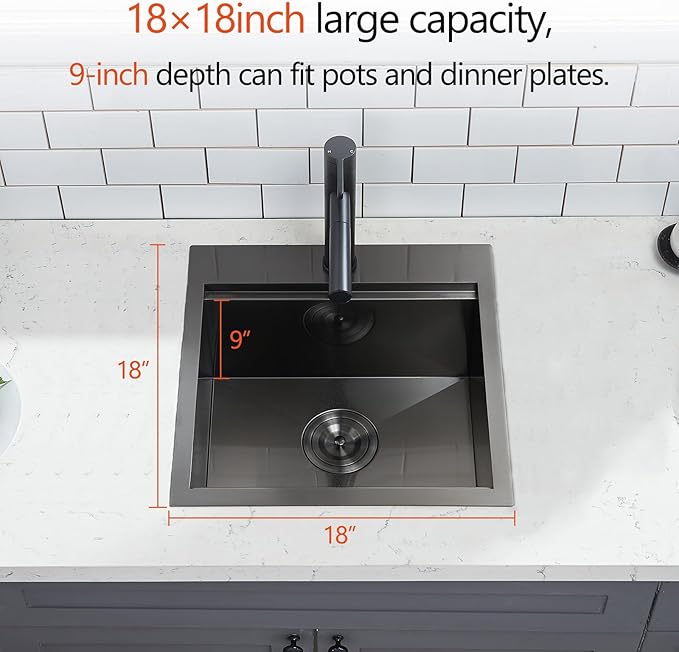 Friho 18x18 Black Stainless Steel Drop In Bar Sink, 9 Inch Deep Single Bowl Workstation Wet Bar Sink with Cutting Board & Strainer