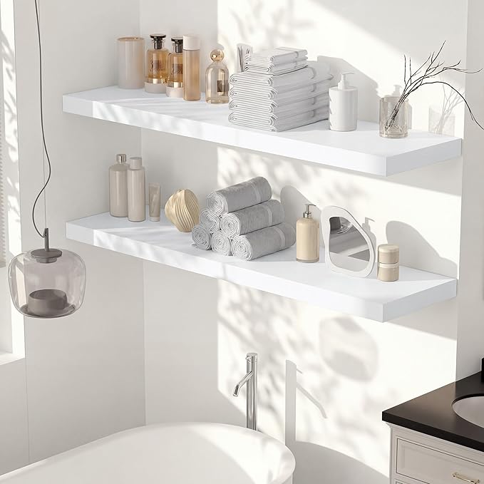 Heimlove 24 x 12 Inch Deep Floating Shelves Wall Mounted with Invisible Brackets,Storage Hanging Shelf for Wall Decor in Bathroom, Bedroom, Toilet, Kitchen, Living Room, Office Set of 1 (White)