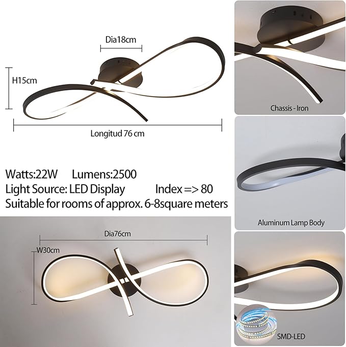 Modern LED Ceiling Light Fixture,30 Inch 22W Flush Mount Ceiling Chandelier,Dimmable Ceiling Lamp for Kitchen Bedroom Study Living Room Office Dining Room (Matte Black-S)