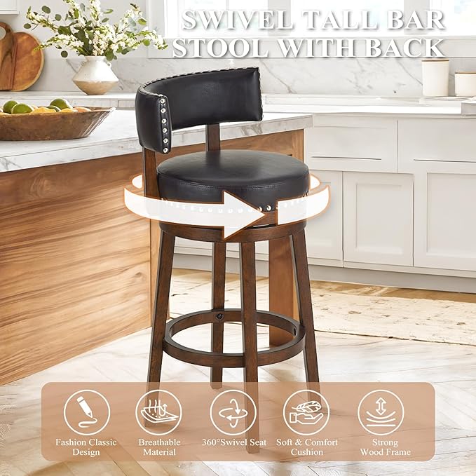 COLAMY Swivel Bar Stool, 30 Inch Counter Height Bar Stool, Wood Modern Upholstered Wooden Barstool with Back for Kitchen Island Dining Room Bar, Dark Brown