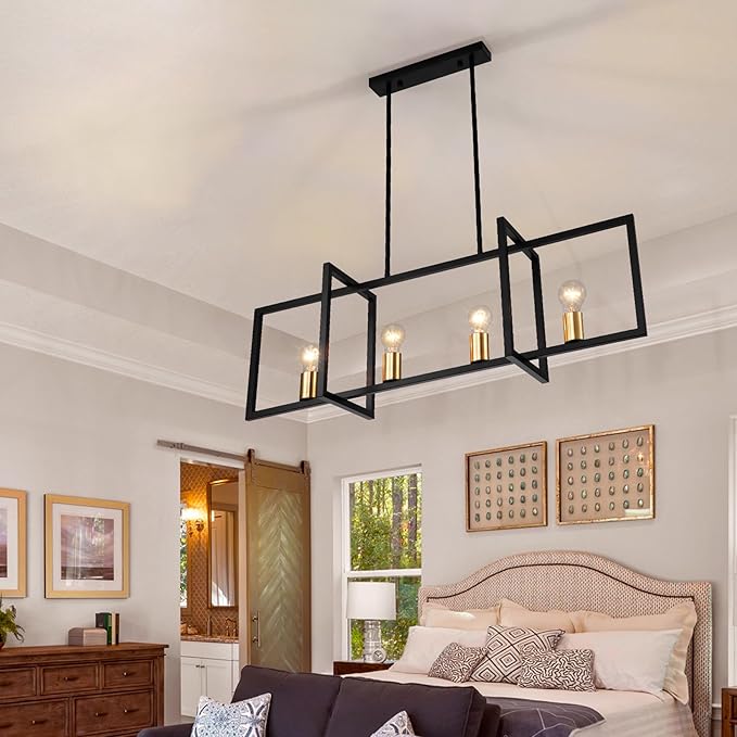 Modern Black Farmhouse Chandeliers Dining Room Light Fixture, Linear Rectangular Kitchen Island Lighting, Industrial Vintage Pendant Lighting with 4-Light Socket Height Adjustable