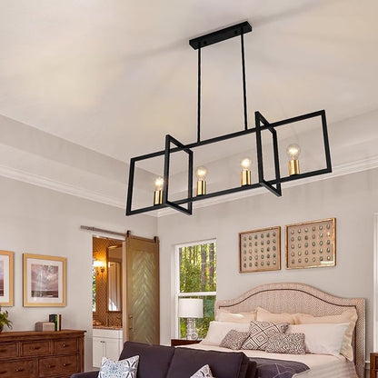Modern Black Farmhouse Chandeliers Dining Room Light Fixture, Linear Rectangular Kitchen Island Lighting, Industrial Vintage Pendant Lighting with 4-Light Socket Height Adjustable