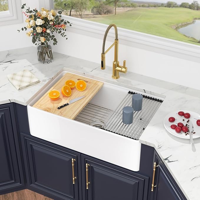 White Farmhouse Sink Fireclay Workstation Apron Front Farmer Kitchen Sink 30"x20" Undermount Single Bowl Kitchen Sink with Accessories