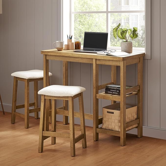 mopio Kelly Solid Wood Counter Table Set with 2 Boucle Stools, 3-Piece Small Dining Kitchen Island Table Set for 2, with Storage Shelves, for Living Room, Dining Room, Kitchen