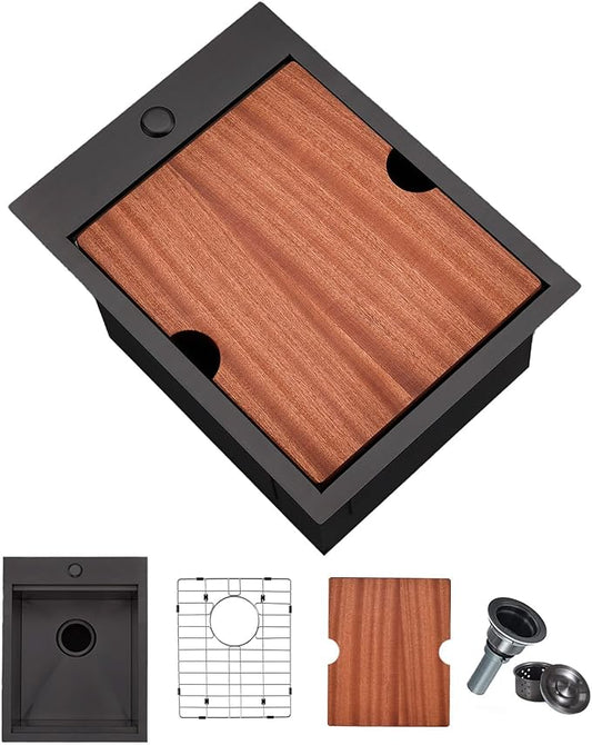 IKEBANA 15 Inch Black Bar Sink Drop In, 16 Gauge Stainless Steel Topmount Small Kitchen Sink, 15x20 Inch Single Bowl Wet Bar Outdoor RV Prep Laundry Sinks With Dish Grid& Drain