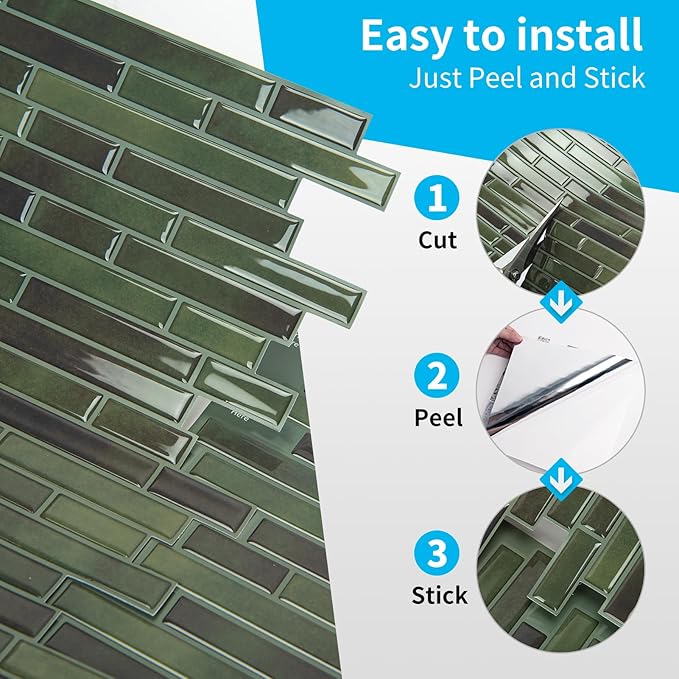 Art3d 10-Sheet Peel and Stick Backsplash Tile for Kitchen - 12”×12” Stick on Wall Tile for Kitchen Bathroom Countertop Living Room, Green